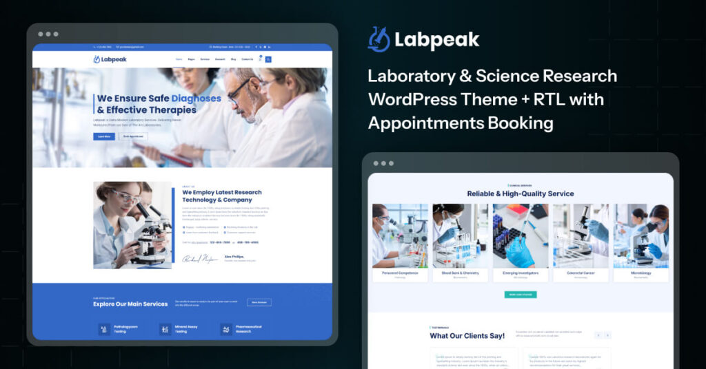 Labpeak | Laboratory & Science Research WordPress Theme + RTL with Appointments Booking