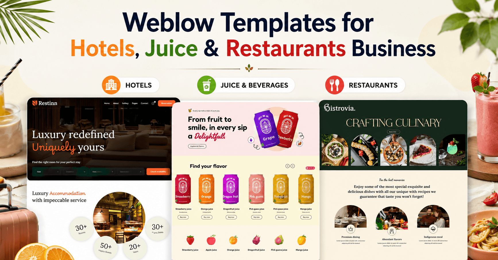Popular Webflow Templates for Hotels, Juice and Restaurants